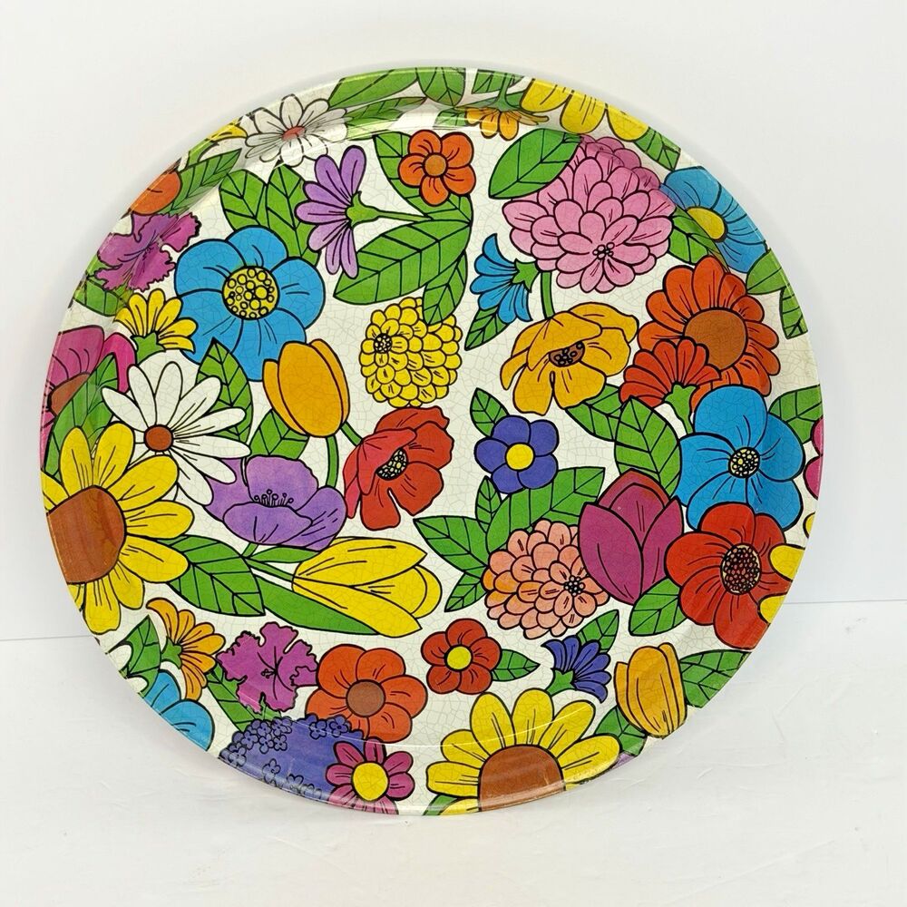 Flower Power Floral Metal Serving Tray 12.5 Vintage 1970s Groovy Hippie Mod